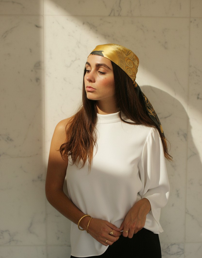 Carré de soie pour femme, l'été, inspiré de l'Antiquité grecque, porté sur les cheveux, sur une île grecque.