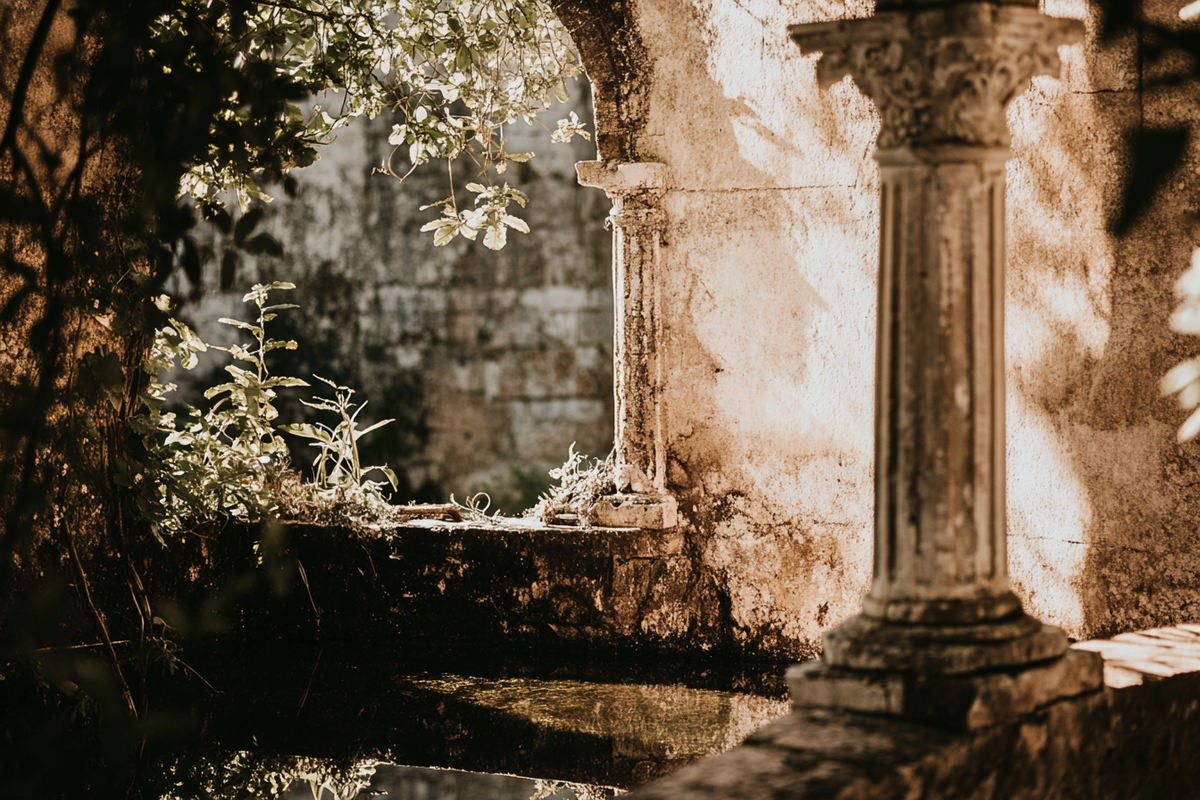 Vue de colonnes dans une ambiance ombrée, en pleine nature.