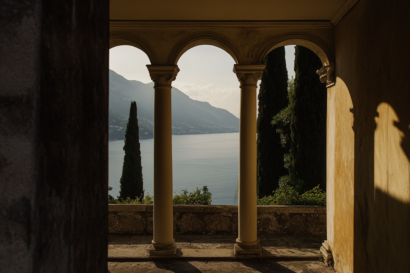 Des colonnes antiques avec un lac et des montagnes en arrière plan.