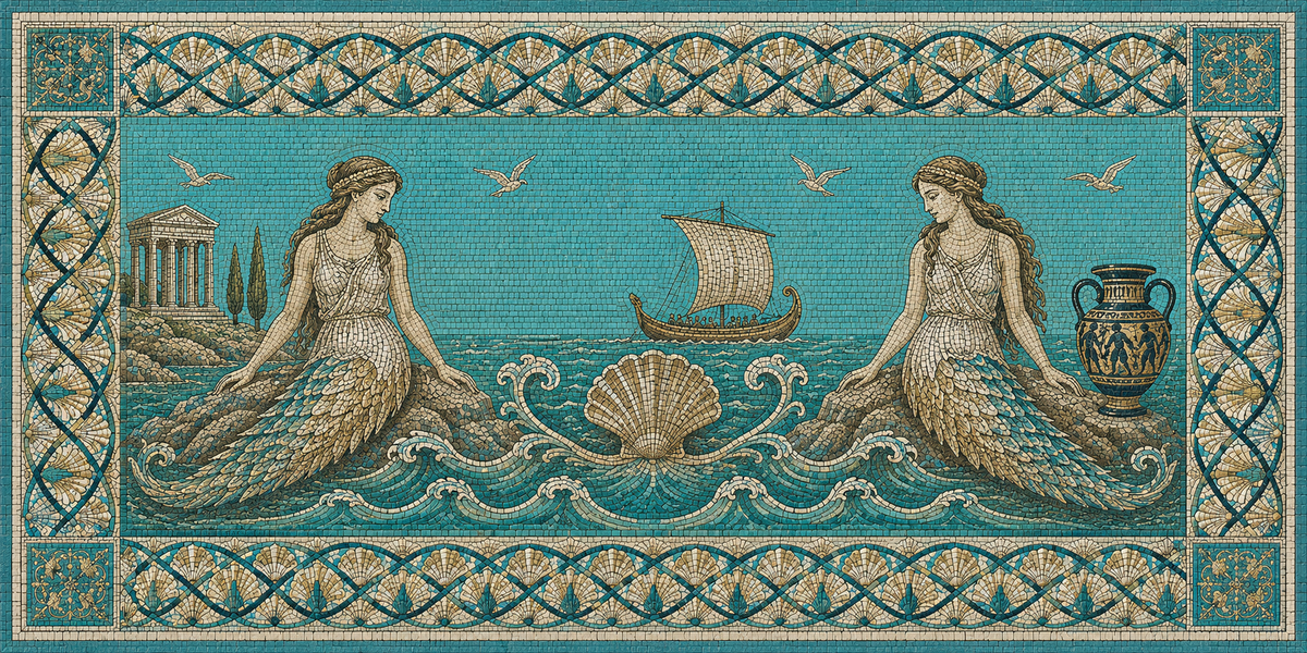 Fresque inspirée de l'Antiquité grecque et de la mythologie, avec des sirènes.