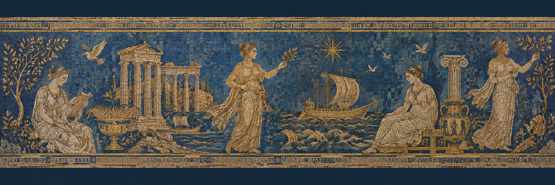 Fresque bleue antique inspirée de l'Antiquité grecque