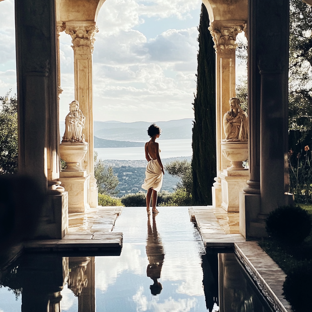 Femme marchant dans une villa méditerranéenne avec statues antiques et vue sur la mer, image onirique et intemporelle dans l’univers Oria Terranea.