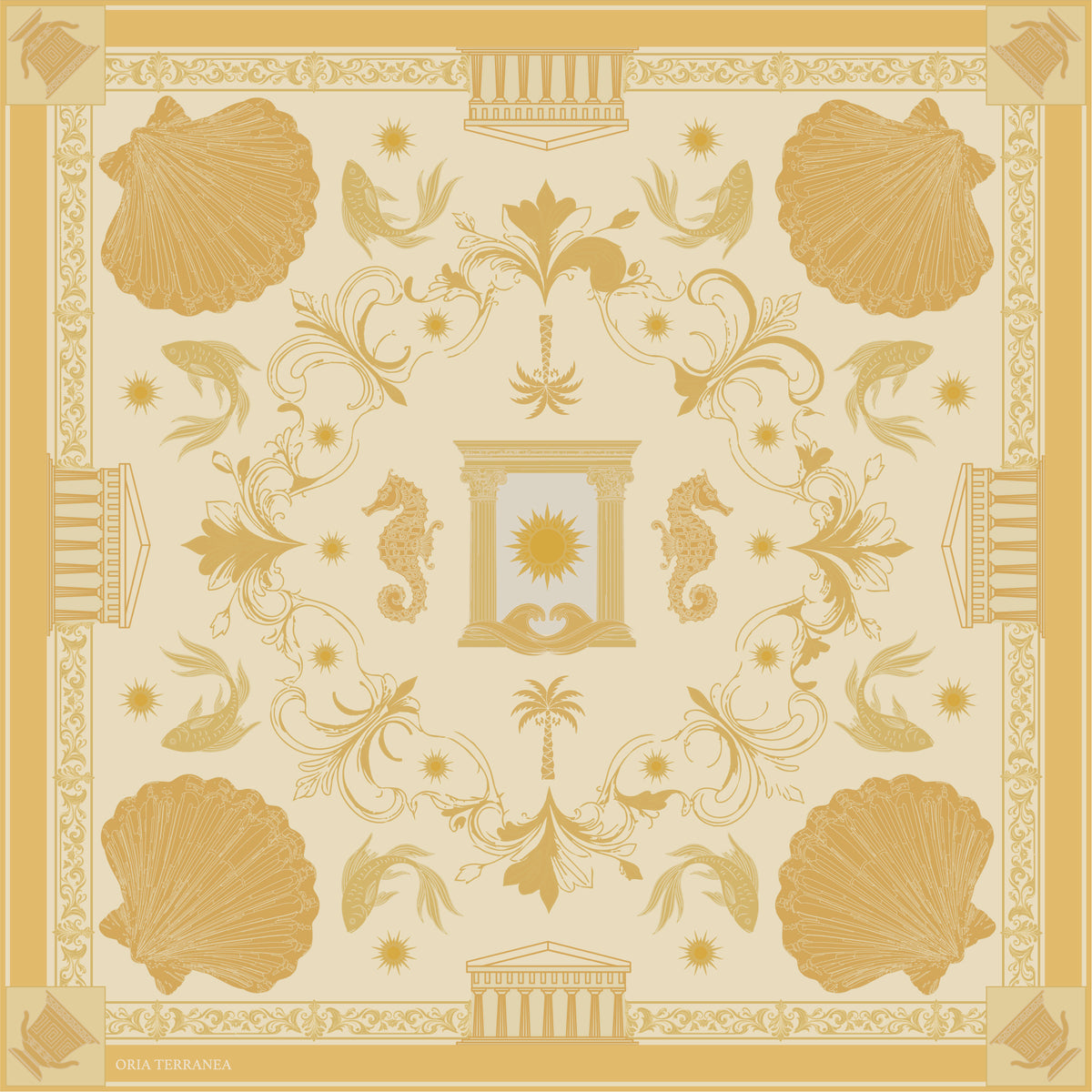 Carré de soie pour femme avec une palette ivoire, or orange.