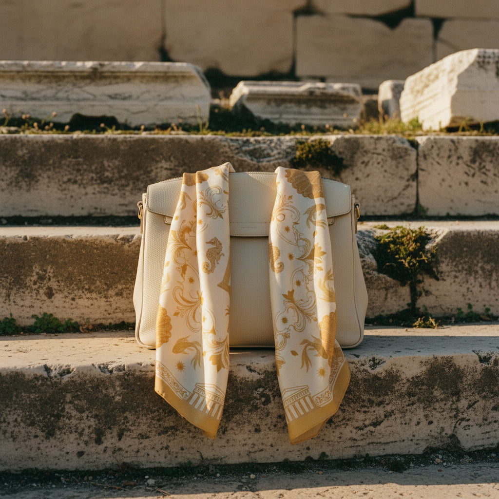 Carrés de soie posé sur un sac, inspiré de la mythologie grecque.