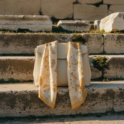 Carrés de soie posé sur un sac, inspiré de la mythologie grecque.