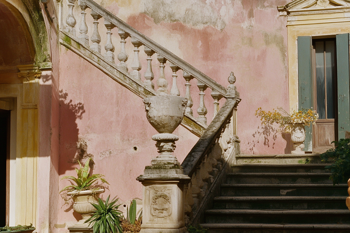 Vue de l'escalier d'une villa, avec des murs rosés et des plantes, baignés de soleil.