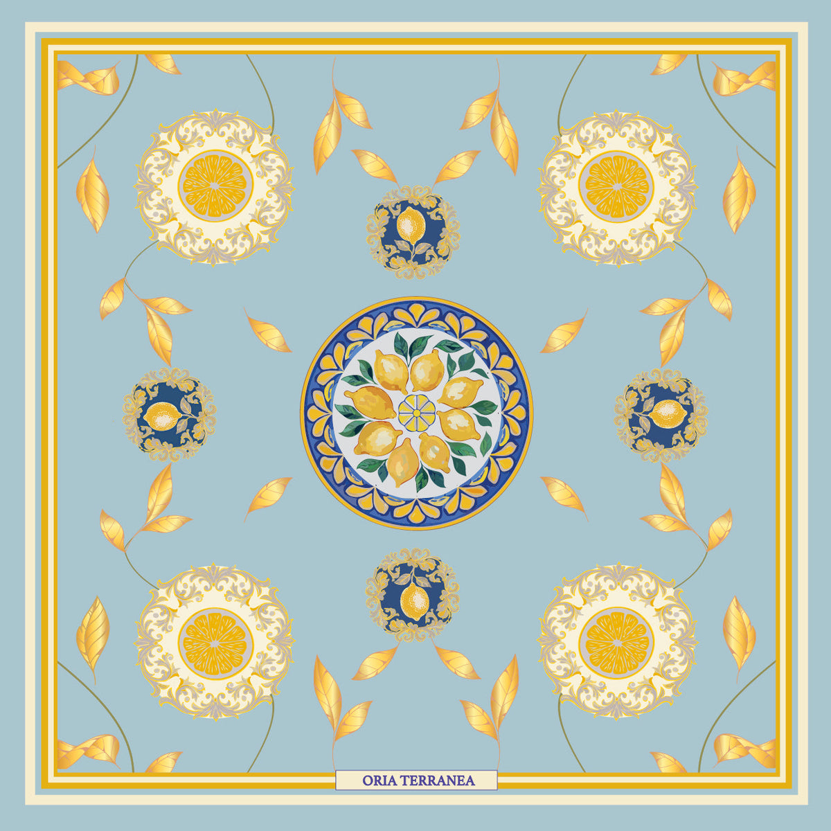 Foulard en soie Capri Eleganza 45x45cm à plat, à fond bleu, avec citrons jaunes, feuilles dorées et médaillon central bleu foncé