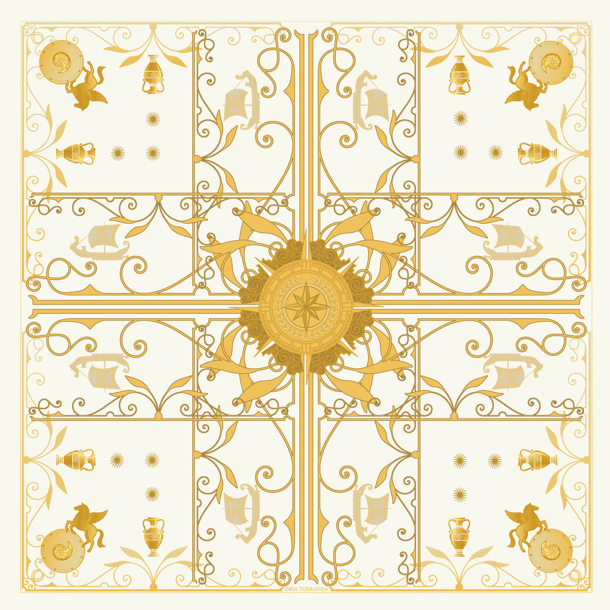 Carré de soie Horizons d’Or version Jour 45 × 45 cm à fond ivoire, avec une rose des vents centrale, des navires et des amphores dorés.