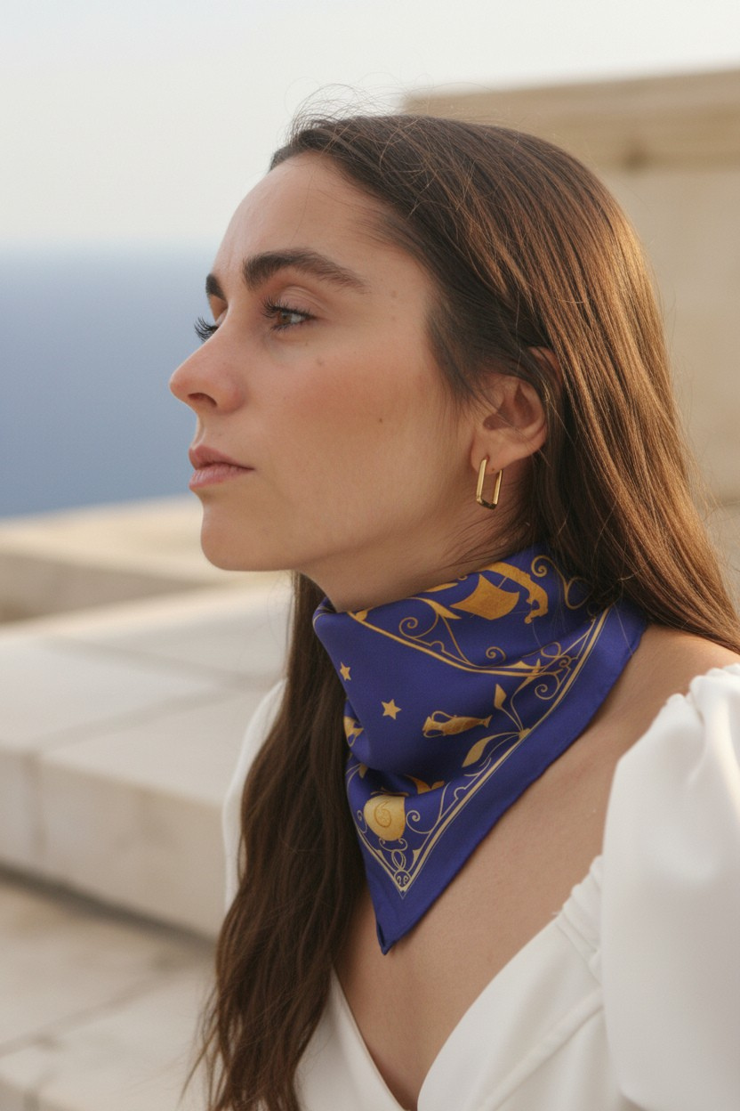 Foulard en soie Horizons d’Or version Nuit porté autour du cou avec la pointe devant, montrant des amphores et des étoiles dorées sur fond bleu nuit. 