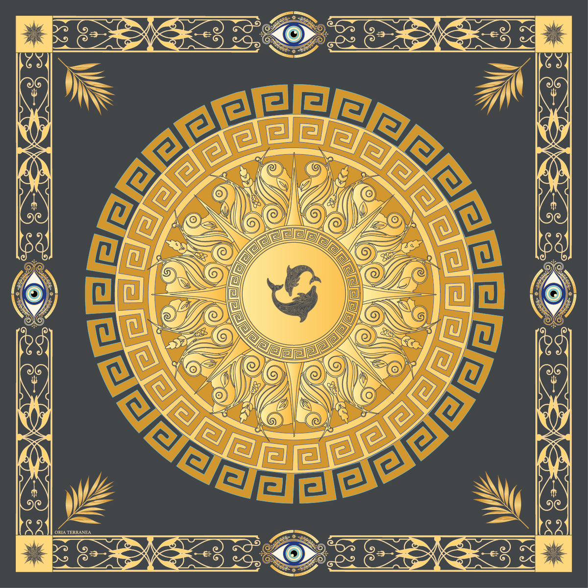 carré de soie Sanctuaire de l'Égée 90 x 90 cm à plat, gris anthracite et or, inspiré de Délos, l'île sacrée des Cyclades