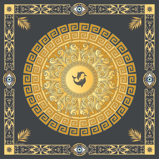 Carré de soie Sanctuaire de l’Égée 90 × 90 cm, fabriqué en Italie, à fond gris anthracite avec un médaillon doré à dauphins, des frises grecques et des talismans yeux bleus