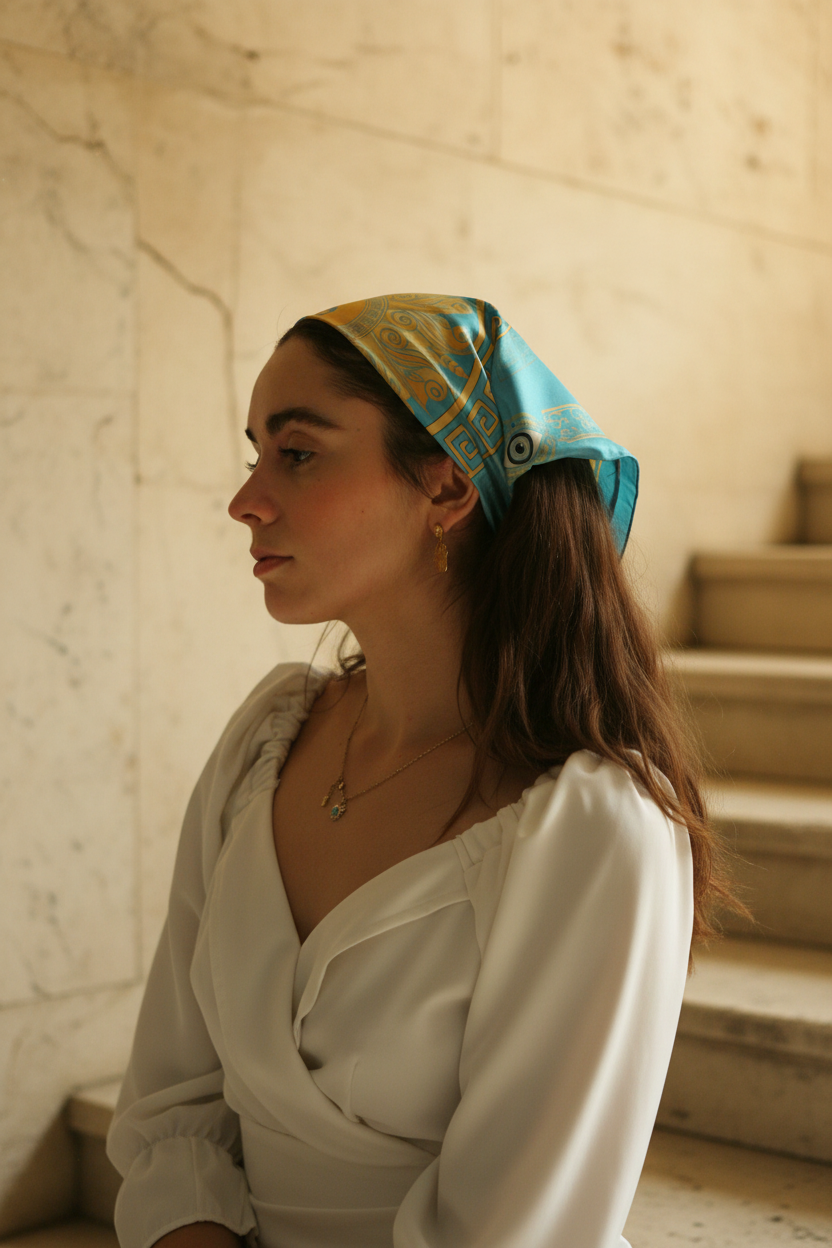 Foulard en soie inspiré de l'Antiquité grecque noué sur les cheveux