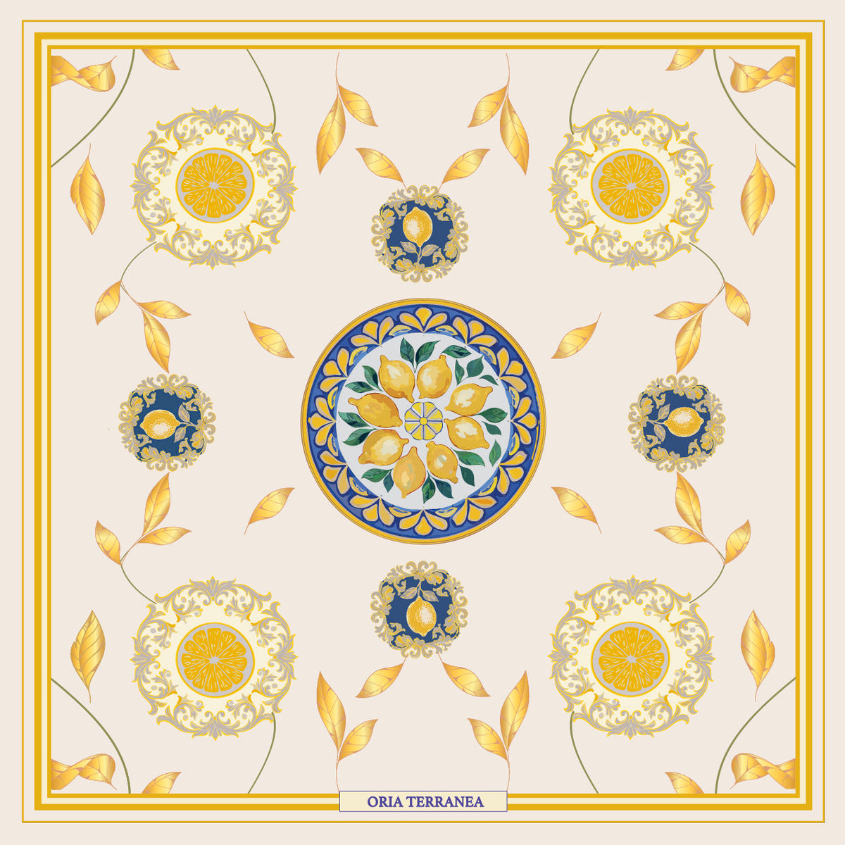 Foulard en soie Capri Eleganza blanc et or à plat : citrons et médaillons évoquant la céramique italienne