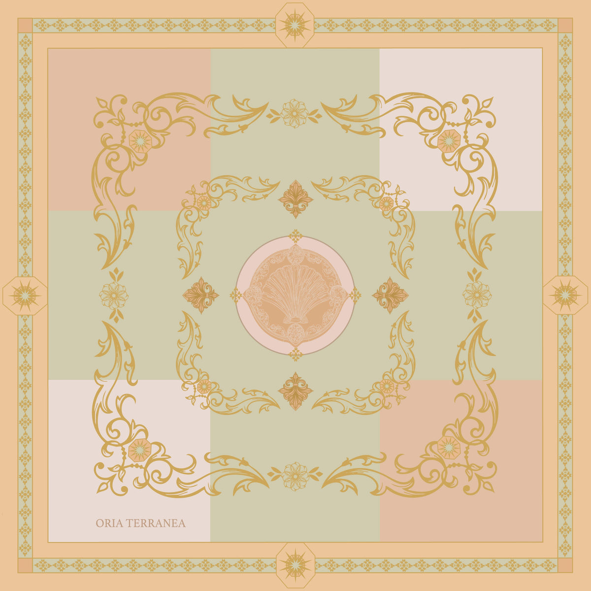 Carré de soie, 90x90cm, inspiré de Florence et de la Toscane, palette rosée et verte, avec un coquillage.