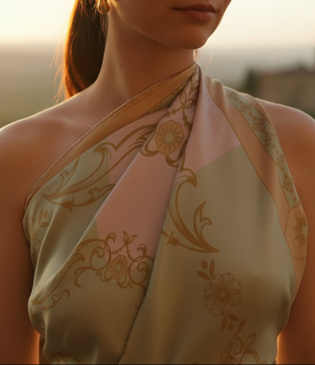Vue proche du foulard Firenze Splendore porté en guise de haut, asymétrique et drapé.