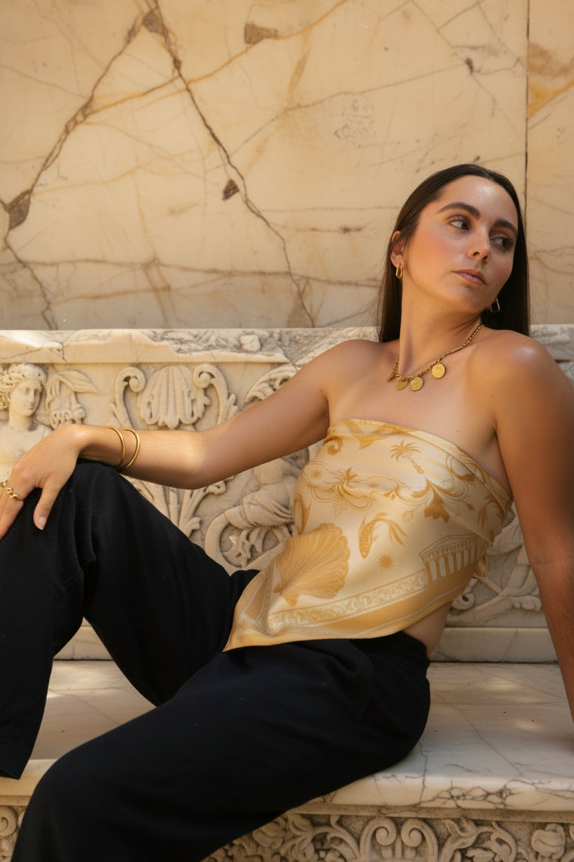 Foulard en soie pour femme avec une palette ivoire et or, inspiré de la mythologie grecque et porté en top, conçu en édition limitée.