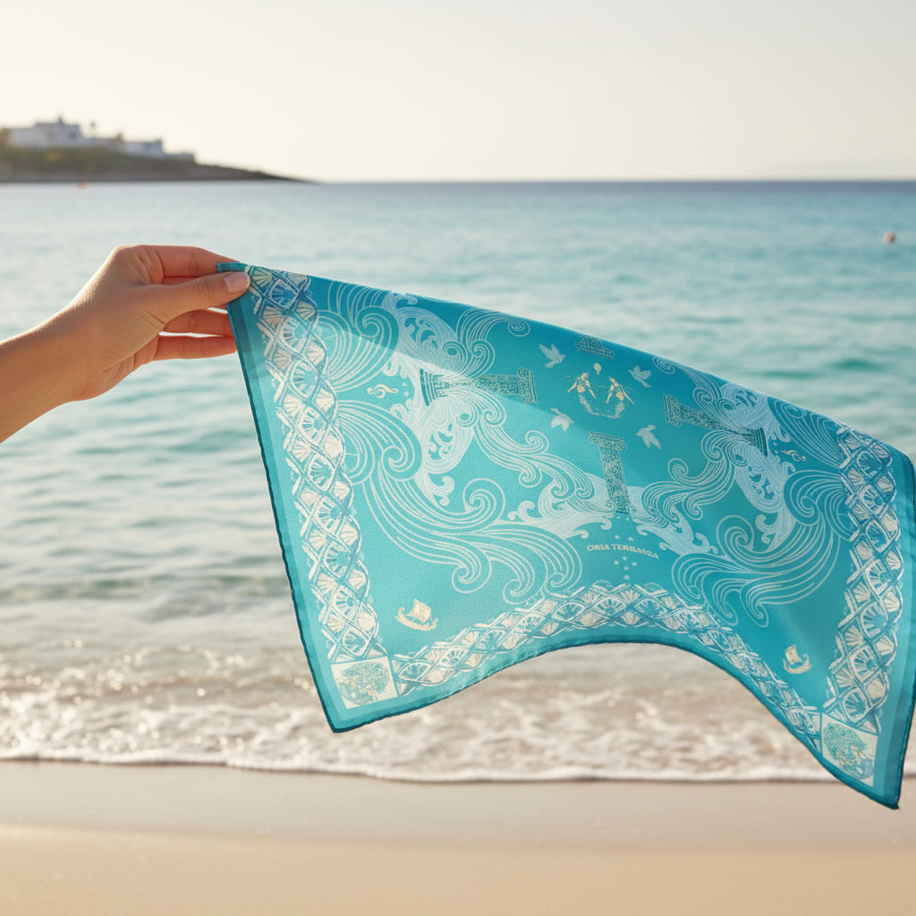 Foulard en soie pour femme tenu sur la plage, édition limitée à porter autour du cou ou en bandeau sur les cheveux ou en top pour une tenue élégante. 