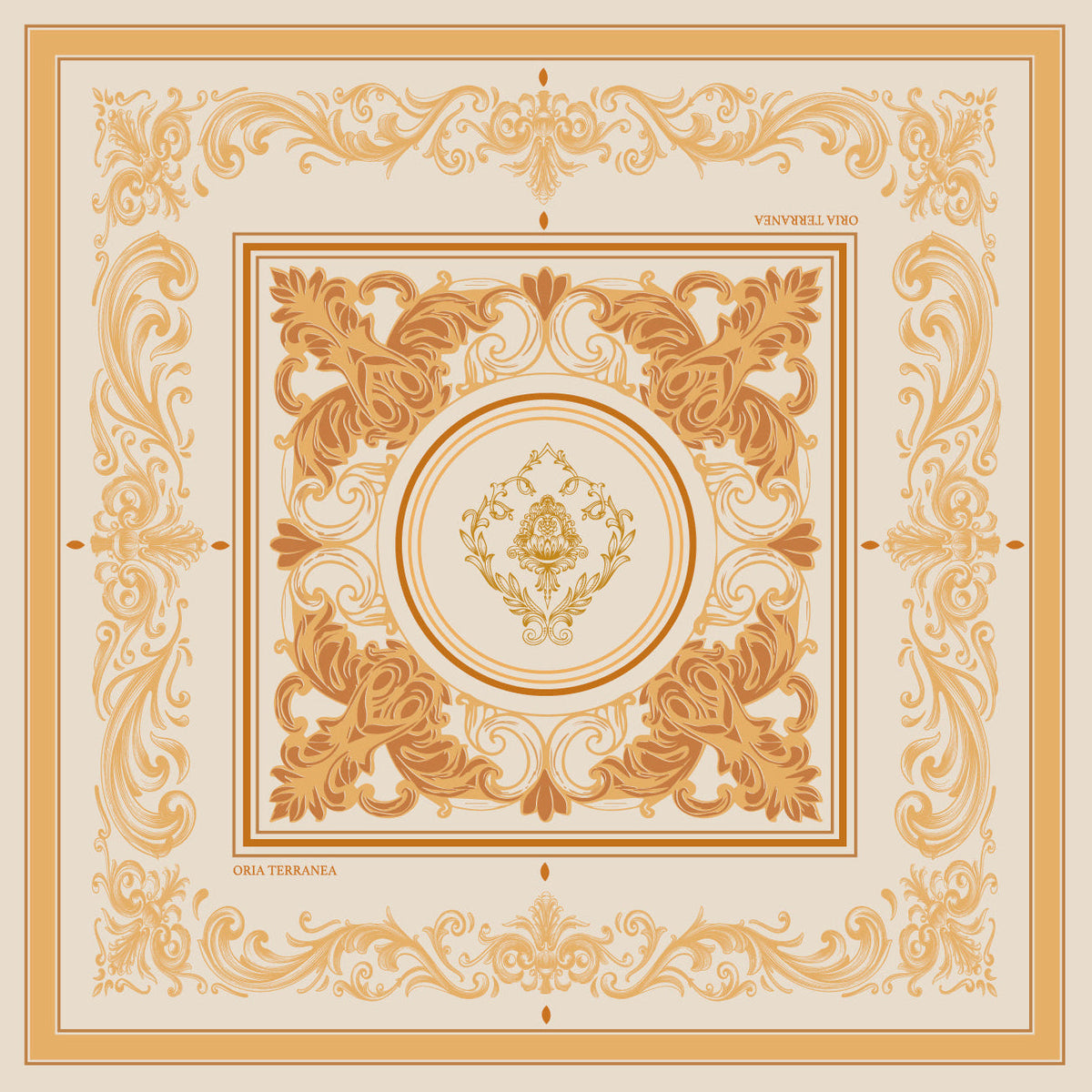 Motif du foulard en soie Sole di Sicilia : citrons, volcan et ornements baroques de Sicile