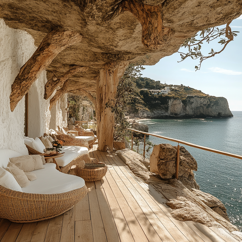 Terrasse méditerranéenne en bois et roche surplombant la mer, décor naturel et mobilier en rotin, ambiance solaire signée Oria Terranea.
